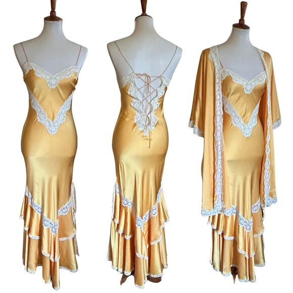 Vintage 80s Old Hollywood Jenny Dobell Marigold Silk Gown & Robe Set, Lace Sz 8 - Picture 8 of 12